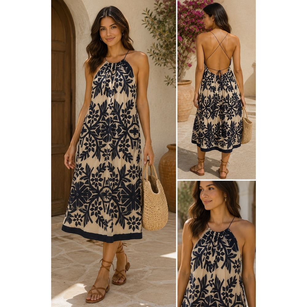 Hoss Intropia Cotton Blend Embroider Midi Dress 44 L Halter Resort Boho Vacation
